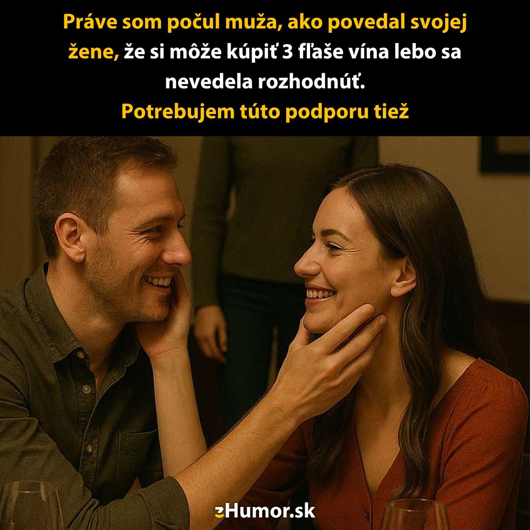 Muž a žena sa smejú pri stole s vtipným textom o víne na pozadí.