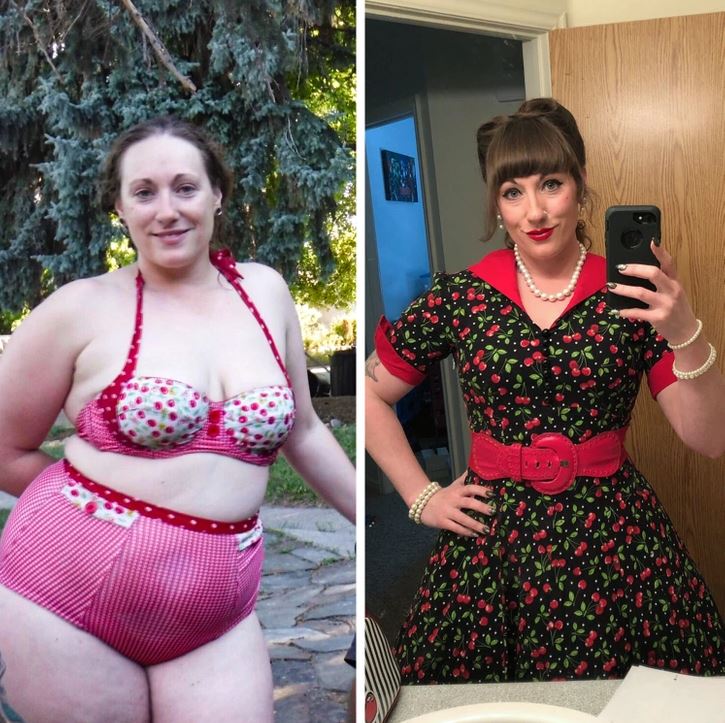 Porovnanie ženského štýlu pred a po premene: retro plavky versus vintage šaty s čerešňovým vzorom.
