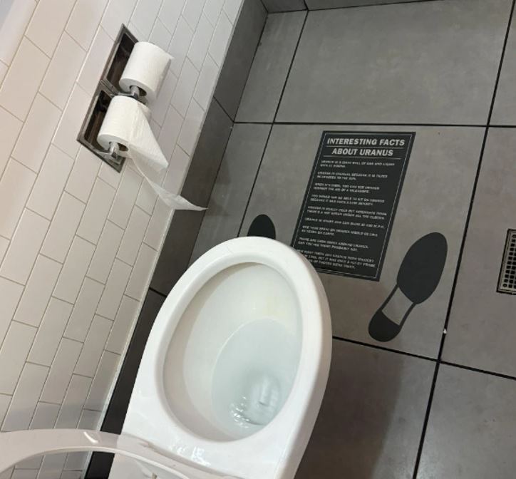 Toaleta s nástennými rolkami papiera, inštrukcie na podlahe, zábavné fakty nad prázdnou misou. Moderná kúpeľňa.