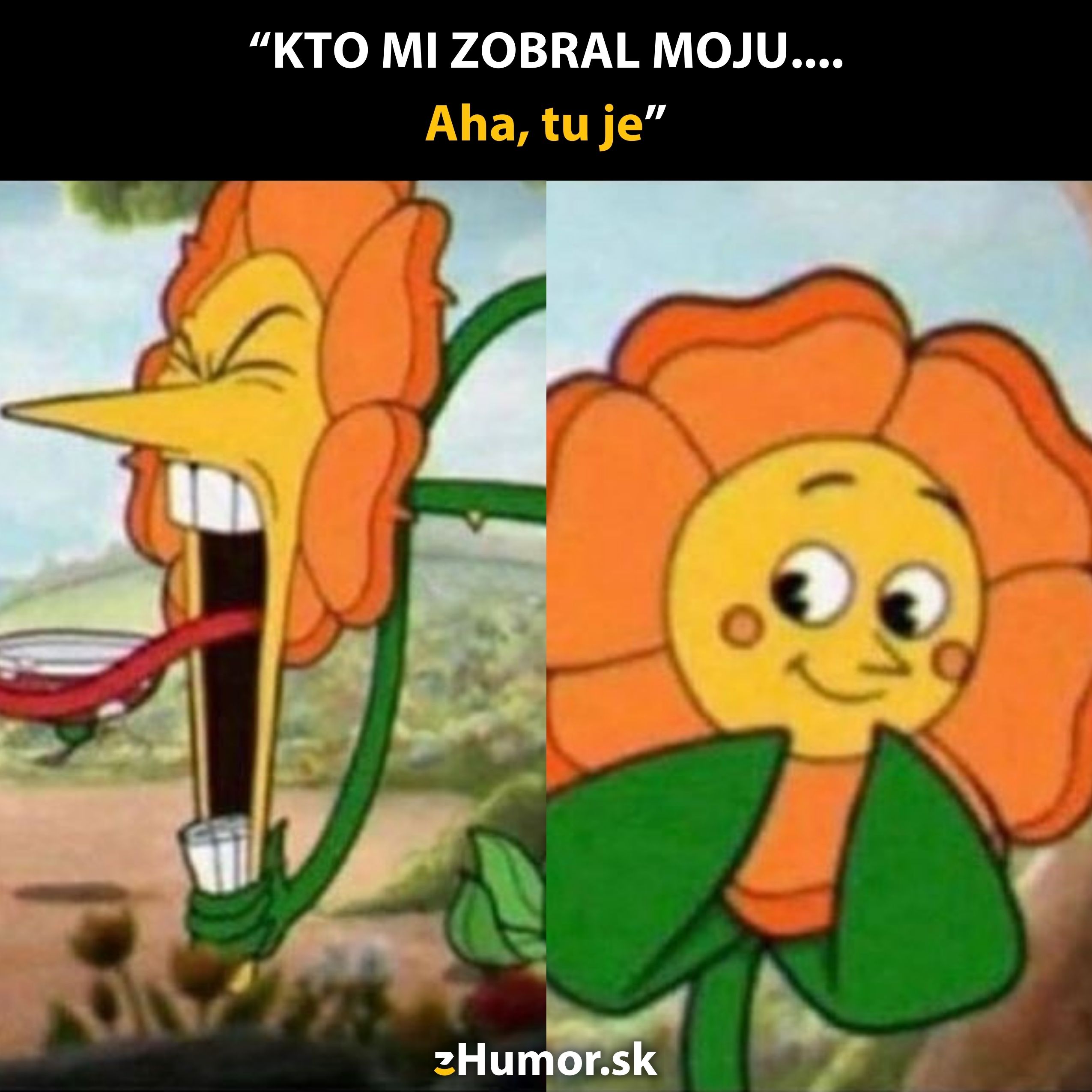 Kreslený kvet s humorným výrazom hľadá stratený predmet, ktorý nájde. Veselá karikatúra prírody.