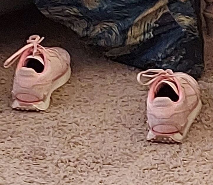 Ružové tenisky na koberci pred modrou dekou, pripravené na športovú aktivitu.