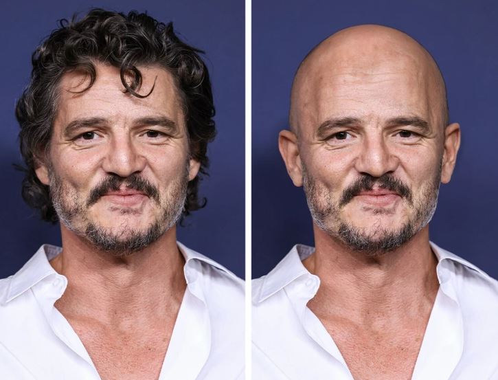 Muž v bielej košeli; porovnanie s vlasmi a bez nich, na modrom pozadí, vysmiaty výraz na oboch fotografiách.