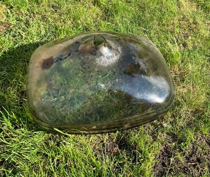 Priehľadná fólia na trávniku s bublinou vody, ktorá vytvára neobvyklý prírodný efekt.