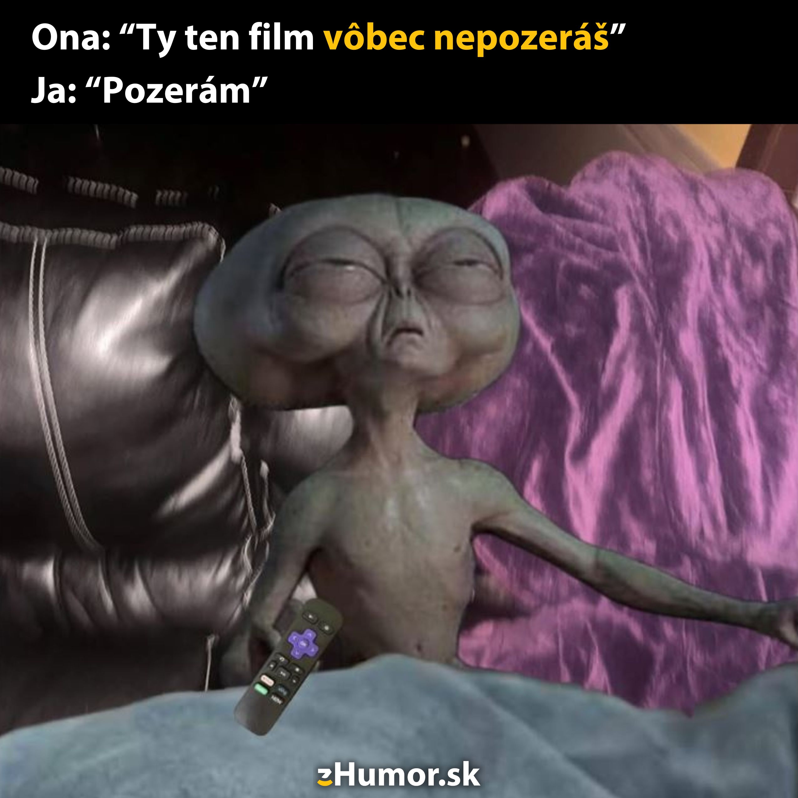 Vtipný mimozemšťan s ovládačom, satirický text na sledovanie filmu v posteli, ilustrácia z humor.sk.