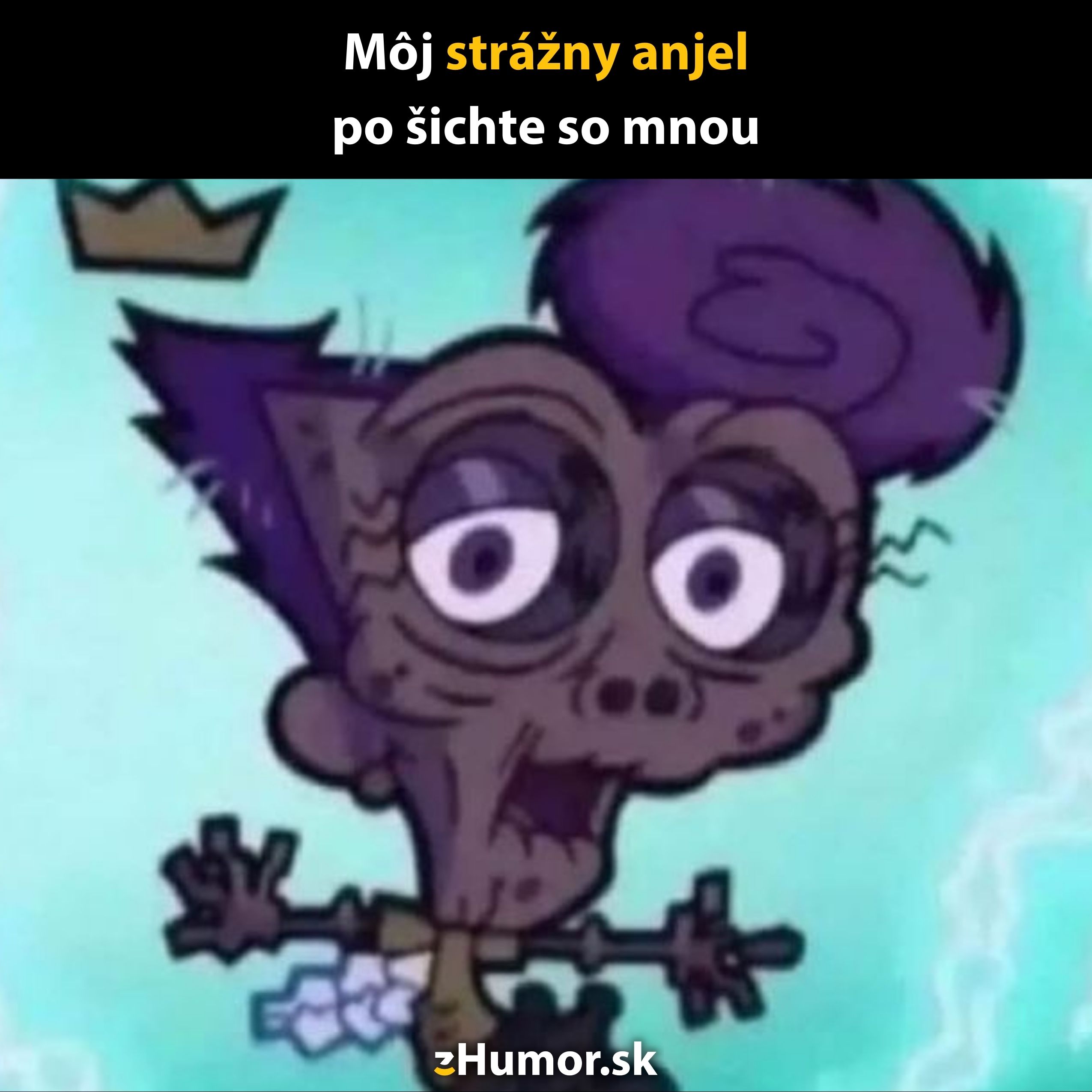 Karikatúra s vyčerpaným strážnym anjelom s vtipným textom.