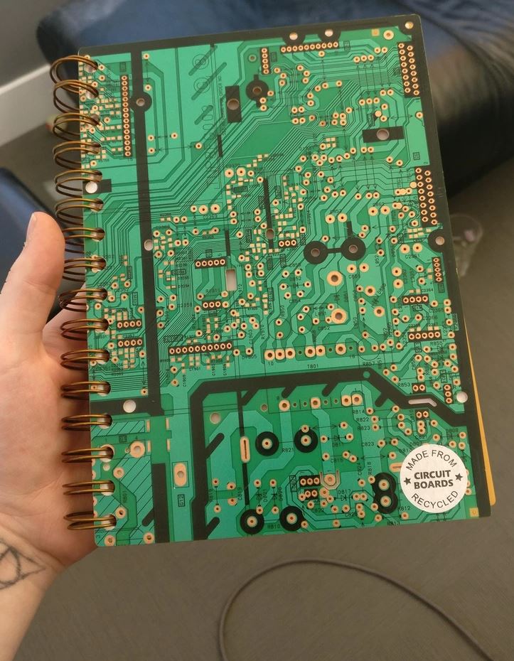 Poznámkový blok so zeleným obalom z recyklovaných obvodov, držiaci v ruke.