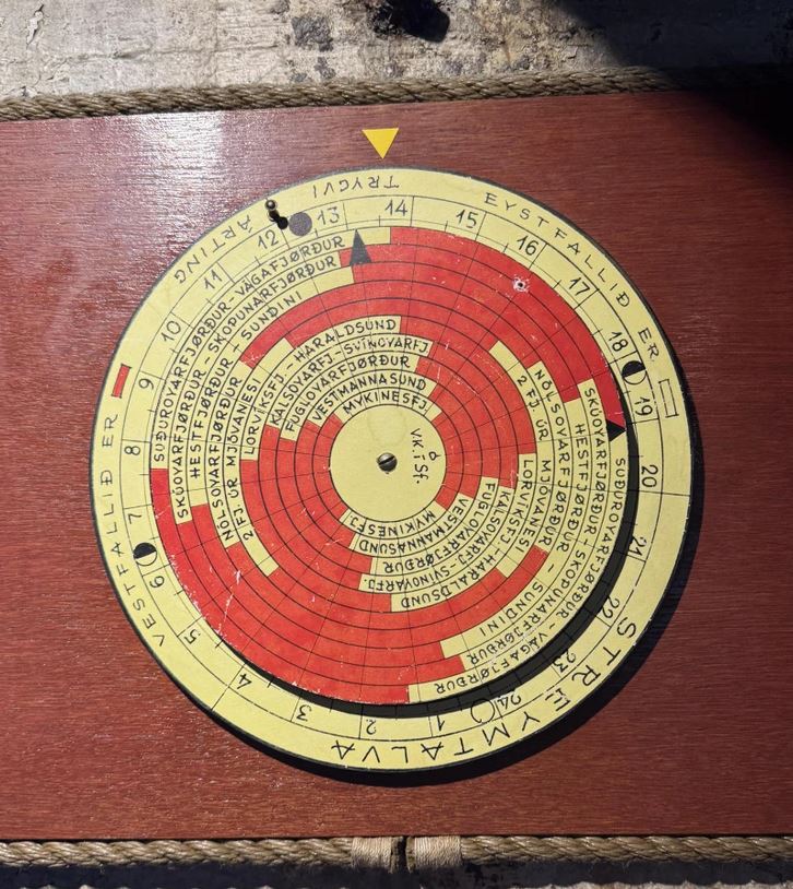Drevený panel s astronomickým diagramom s červeným stredom a žltými vonkajšími kruhmi na viditeľnej šikmej svetlosti.