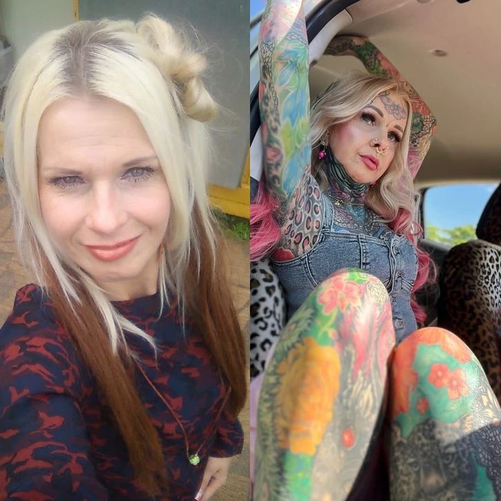 Osoby s blond vlasmi, jedna s jednoduchým, druhá s výrazným tetovaním, pózujú vonku a v aute.