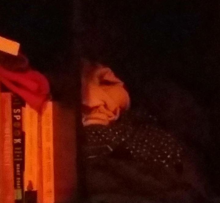 Osvetlené knihy a tajomný tieň v tmavej miestnosti, vytvárajúci záhadnú atmosféru.