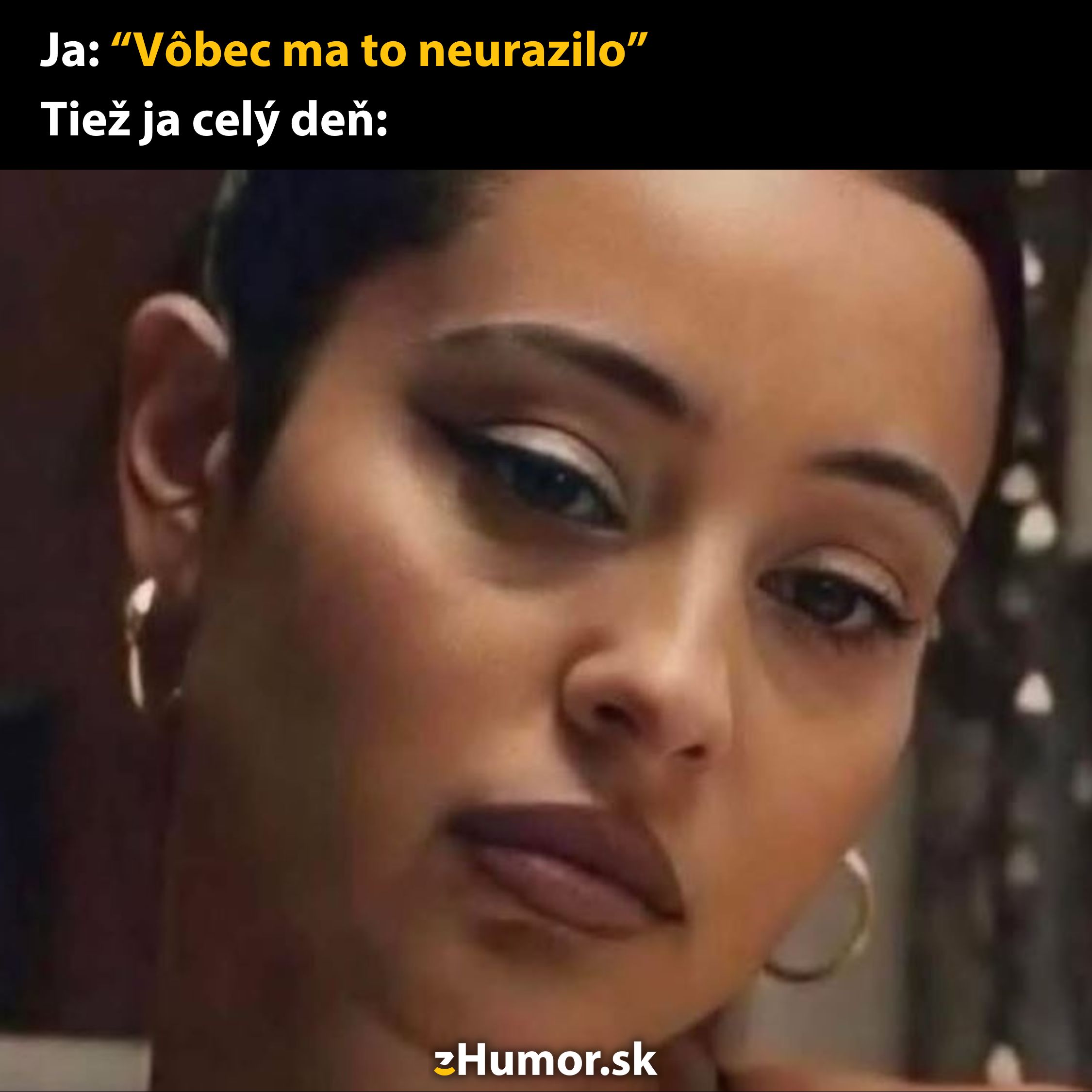 Žena s melancholickým pohľadom, text nad ňou hovorí o zakrývaní potlačených pocitov.