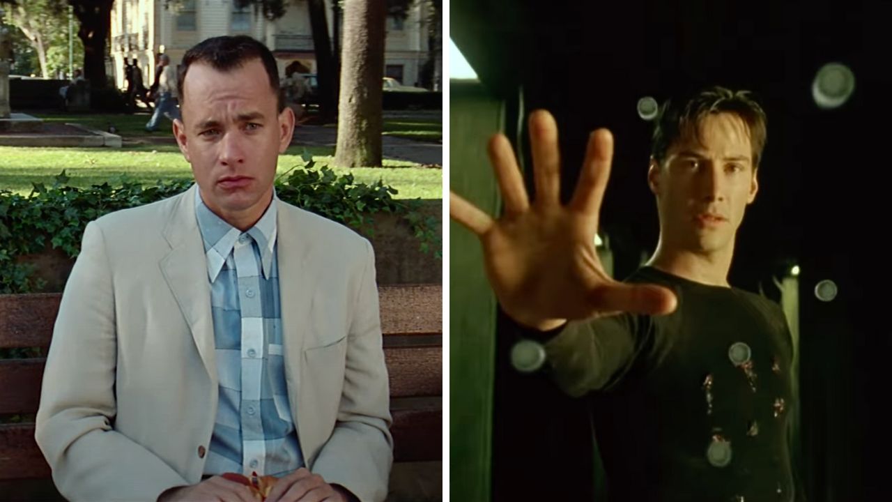 Dve postavy z filmov, sediaca na lavičke a zastavujúca guľky, kontrastujú v rôznych scénach.