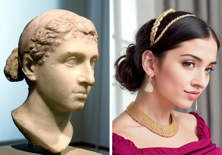 Socha starovekej ženy vedľa modernej ženy s účesom a zlatými šperkami.