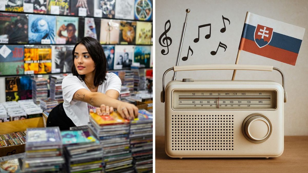 Žena vyberá CD v obchode s hudbou, vedľa starého rádia so slovenskou vlajkou a hudobnými notami.