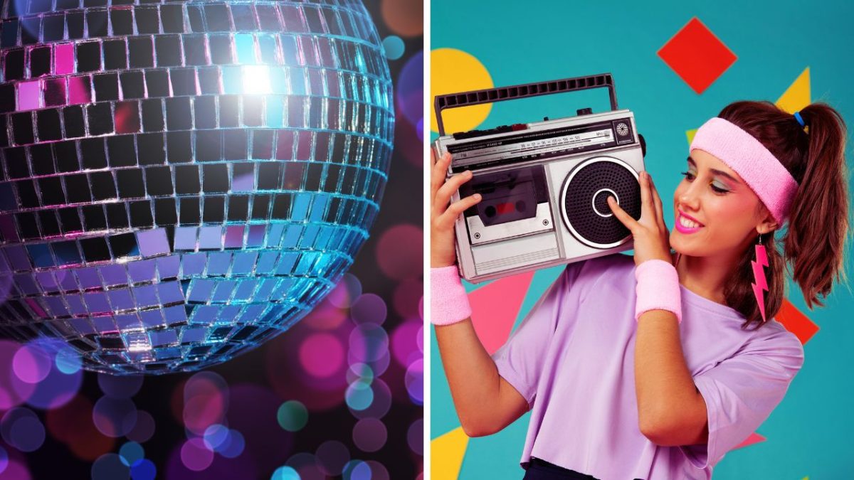 Diskoguľa so svetelnými efektmi a žena s rádio kazetovým prehrávačom, oblečená v retro štýle 80. rokov.