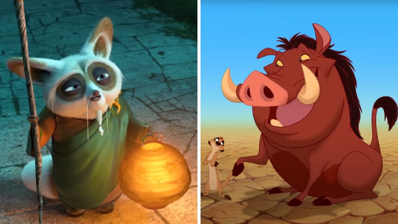 Dve postavy z animovaných filmov, jedna s lampášom, druhá so surikatu v púšti, vynikajú scénami večera a slnka.