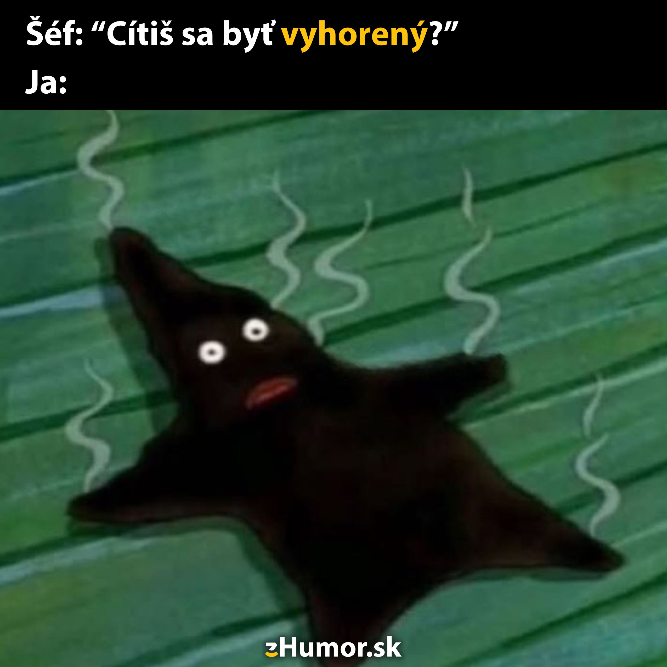 Kreslená postava leží na zemi, vyzerá vyčerpane, obklopená čiernym sfarbením, symbolizuje pocit vyhorenia.