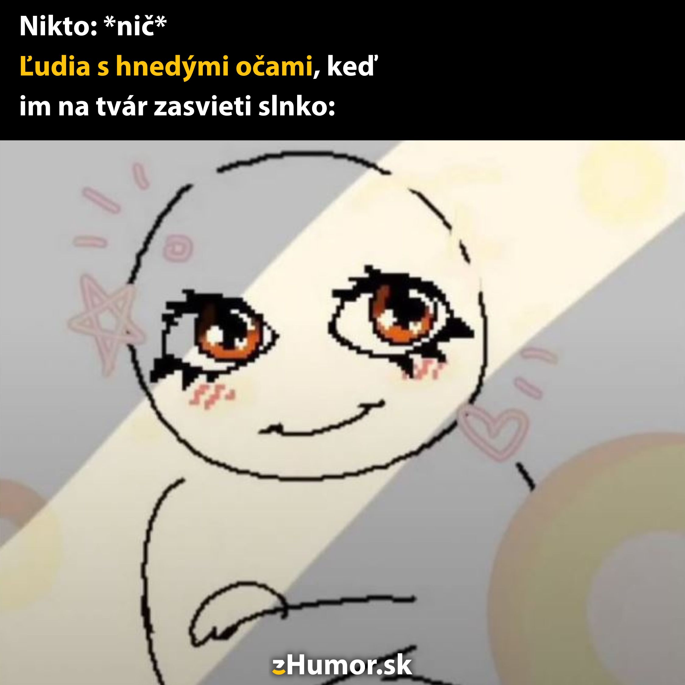 Vtipný obrázok anime postavičky so zasvietenými očami na slnečnom svetle.