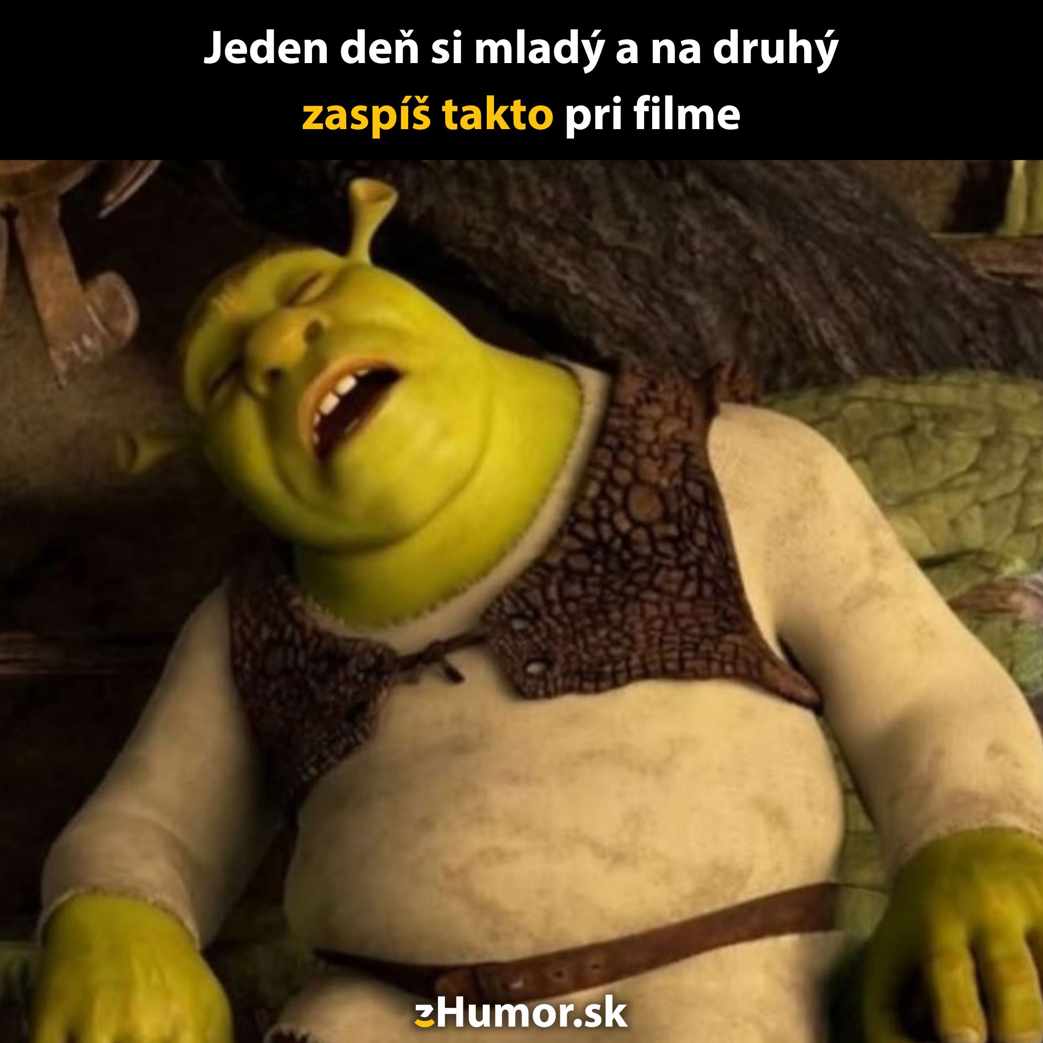 Zelený ogre pokojne spí v kresle počas filmu, s vtipným textom o starnutí a rýchlom zaspávaní.
