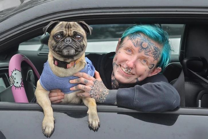 Osoba s modrými vlasmi a puggom v aute, obaja usmievajúci sa von z okna.