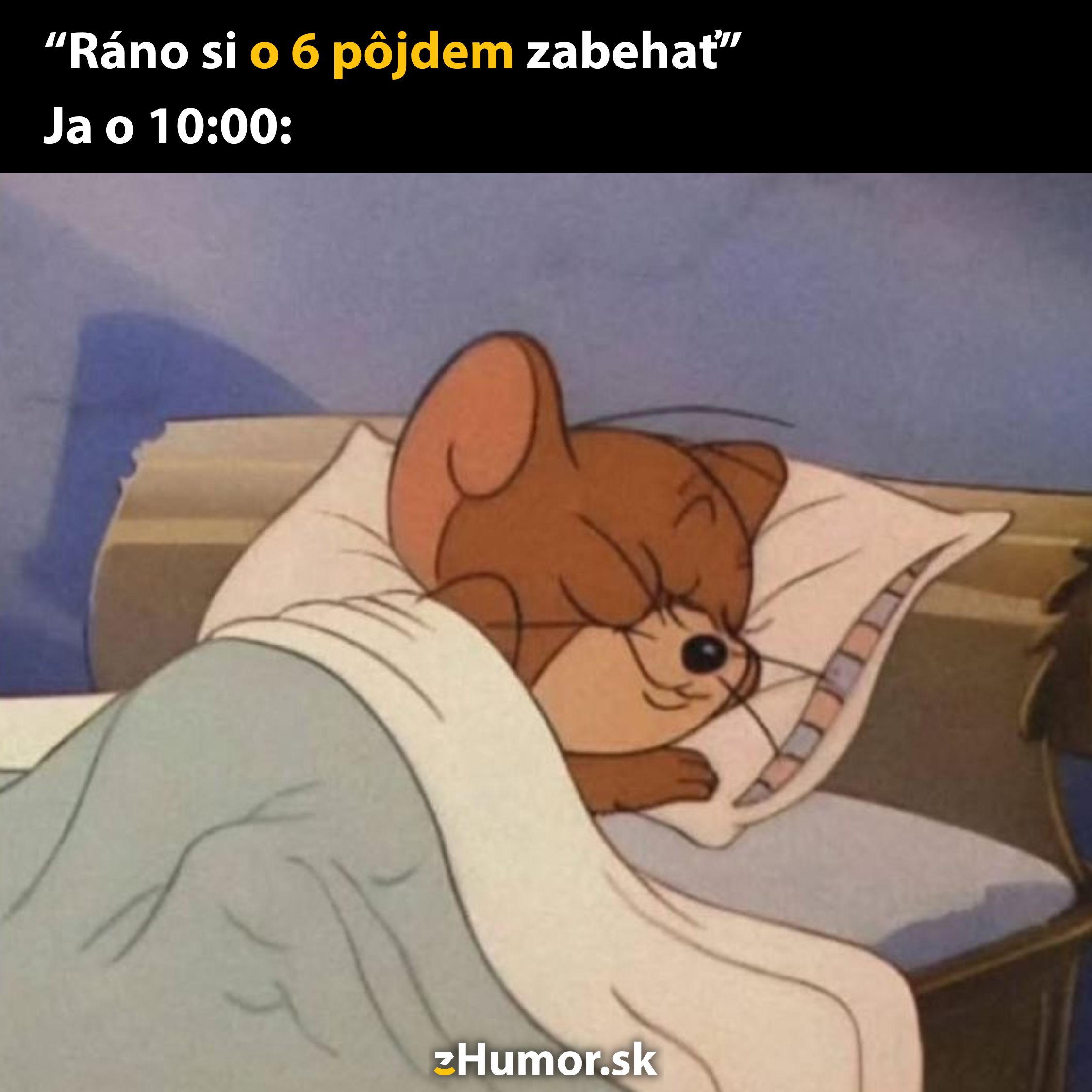 Kreslená myš pohodlne spí v posteli, hoci plánovala skoro ráno behať.