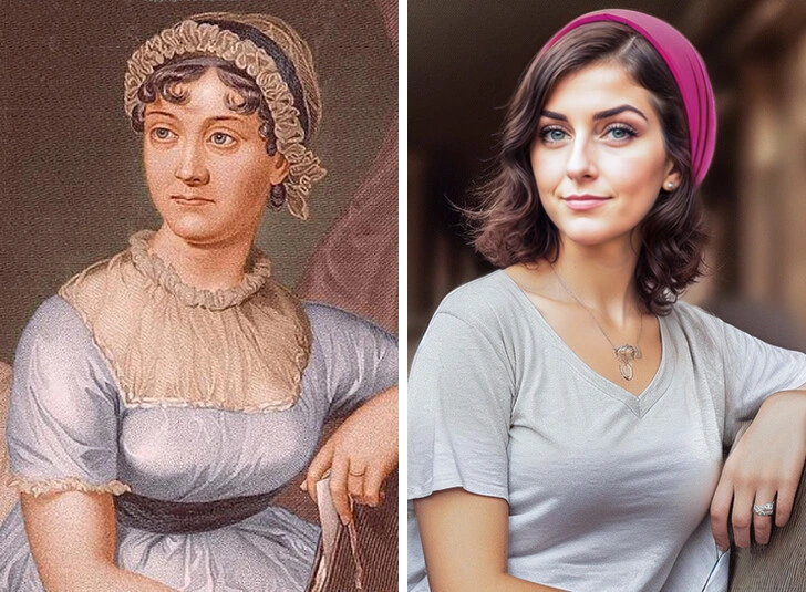 Maľba ženy z 19. storočia a moderná žena vedľa nej, oblečená v súčasnom štýle, obidve s podobnými pózami.