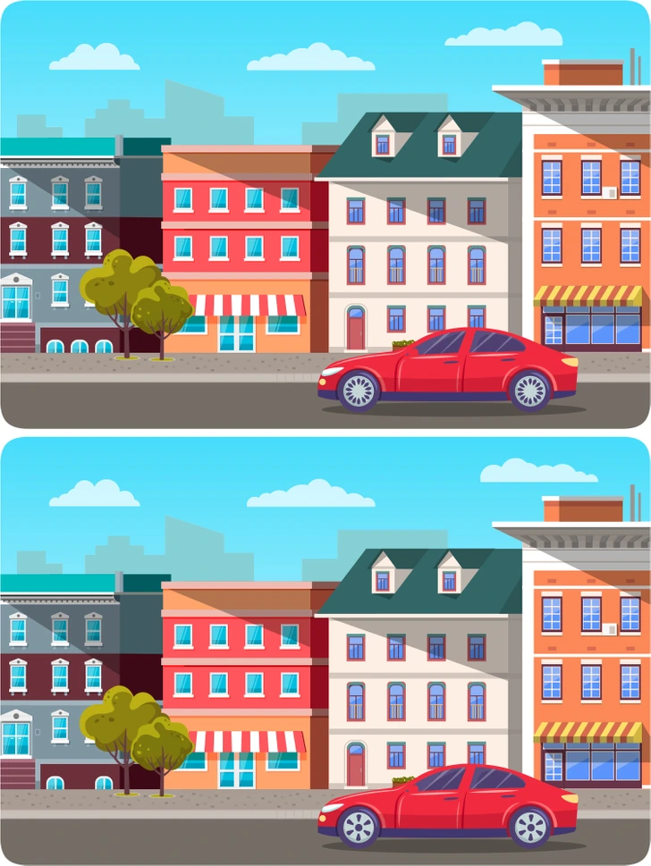 Ilustrácia farebných budov a červeného auta na mestskom pozadí s modrou oblohou a bielymi oblakmi.