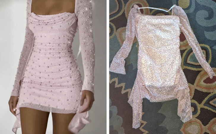 Dve ružové šaty vedľa seba: jedna na modelke, druhá na vešiaku, ukazujú rozdiel v kvalite a vzhľade.