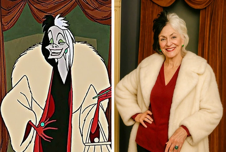 Grafická a živá podoba ženy v bielej kožušine na červenom pozadí.