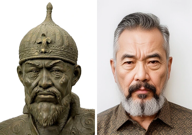 Dva portréty mužov: historická socha s prilbou a portrét staršieho muža s bradou.