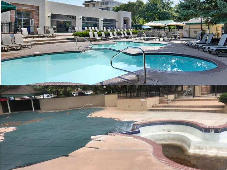 Porovnanie bazéna v lete a v zime. V lete plný vody a aktivity, v zime zakrytý a mimo prevádzky.