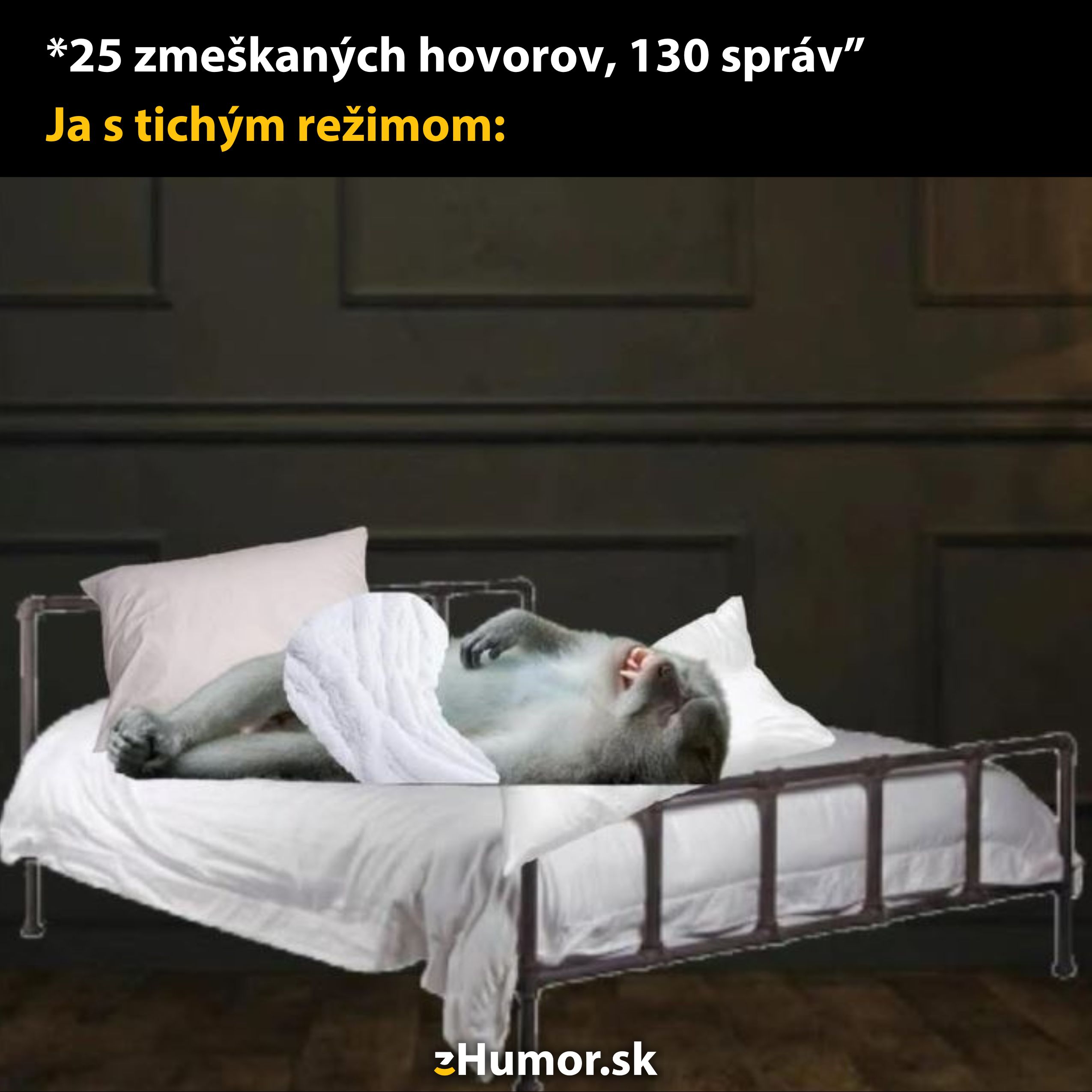 Opica spokojne spí v posteli s nápisom o zmeškaných hovoroch na tichom režime.