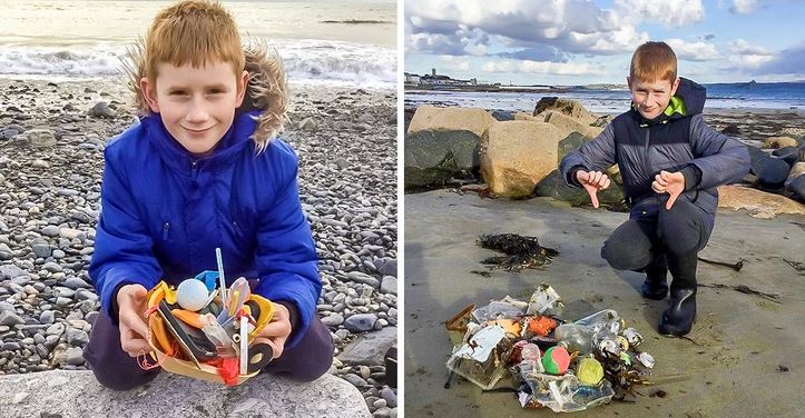 Chlapec zbiera odpadky na pláži, pričom podčiarkuje dôležitosť ochrany životného prostredia a čistoty oceánov.