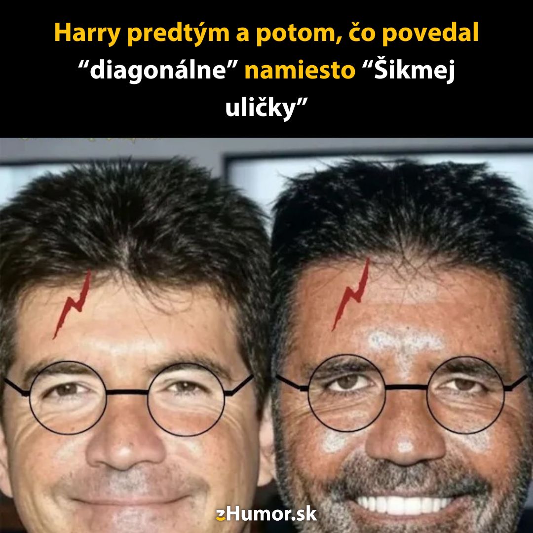Harry po nesprávnom vyslovení Šikmej uličky, humorná transformácia s okuliarmi a jazvou.