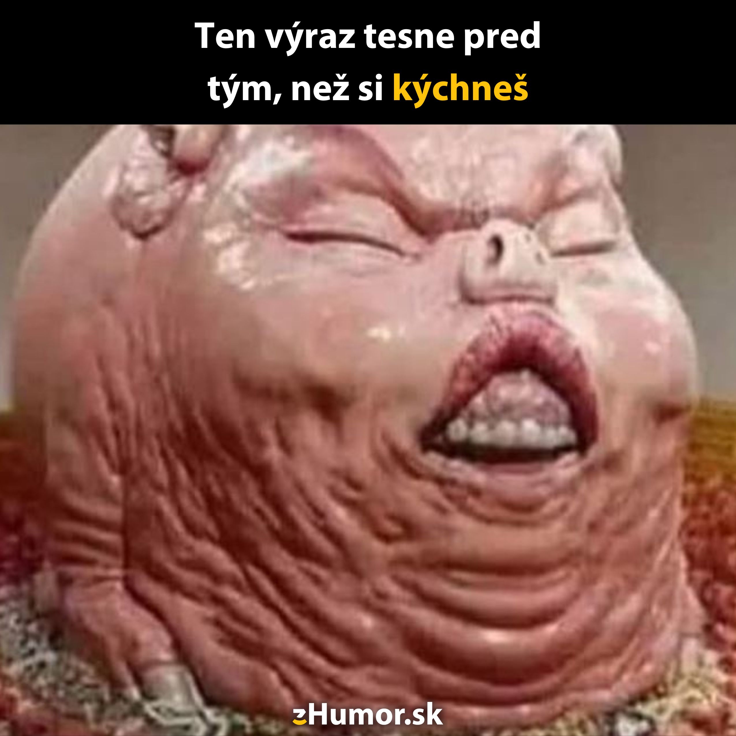 Bláznivý výraz tváre pripomínajúci moment pred kýchnutím, napnuté líca a zatvorené oči v humornom zobrazení.
