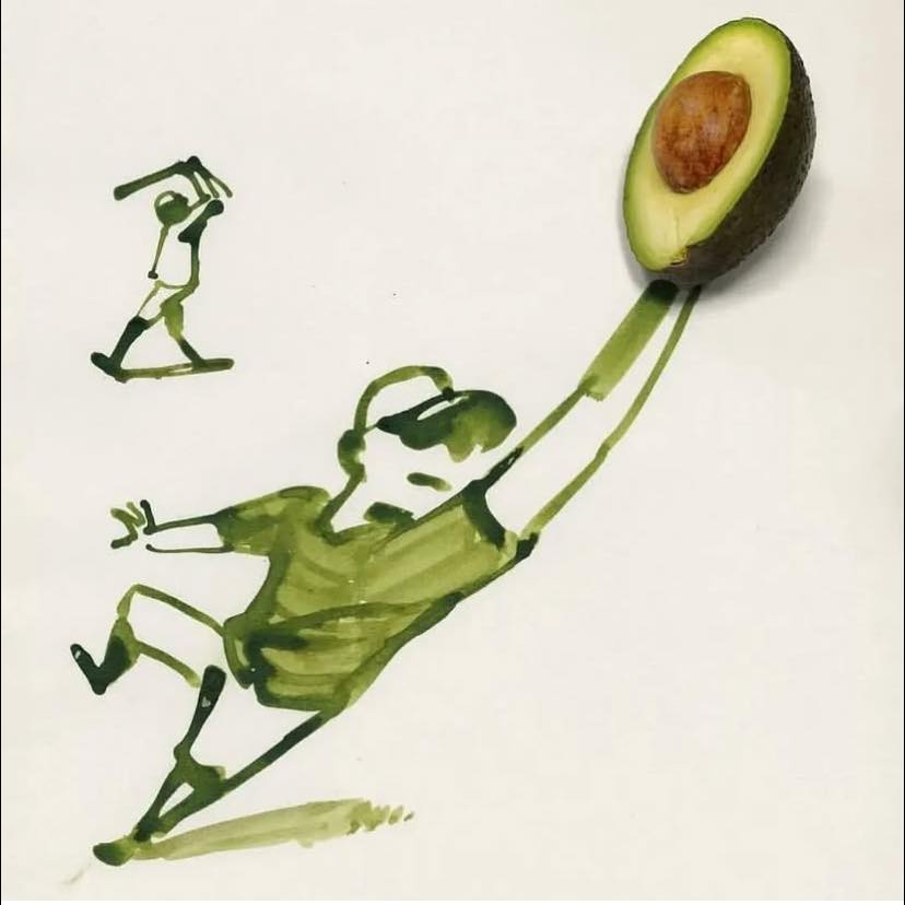 Ilustrácia baseballového hráča chytajúceho avokádo namiesto lopty. Kreatívna kombinácia športu a jedla.