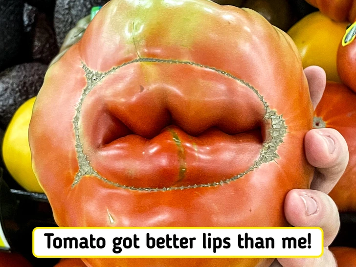 Nezvyčajne tvarovaná paradajka pripomínajúca ľudské pery v rukách zákazníka v obchode.