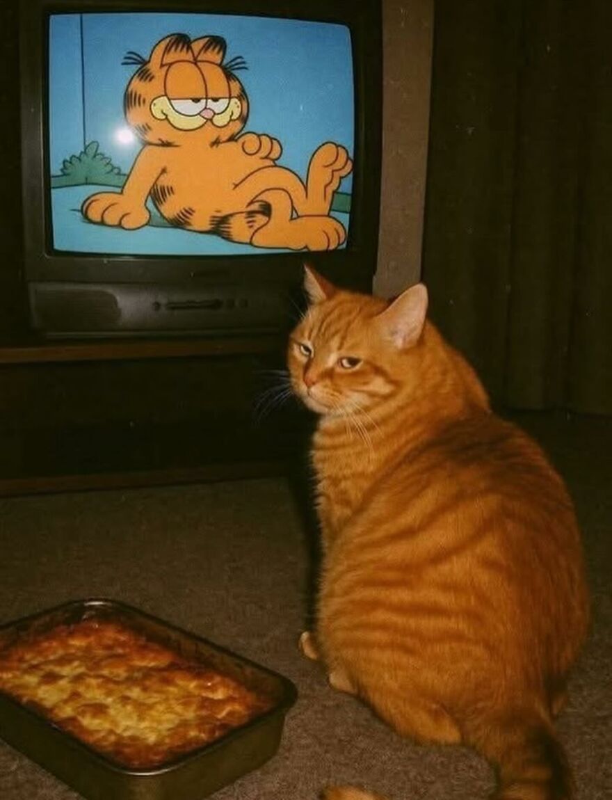 Oranžová mačka sleduje televíziu s Garfieldom, vedľa nej je lasagne na podlahe.