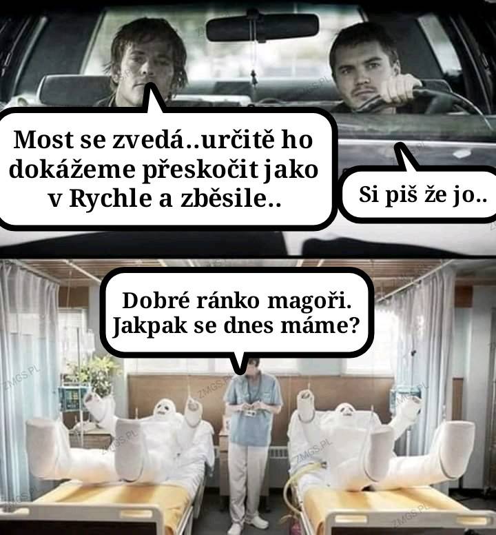 Dve situácie - auto scéna ako Rýchlo a zbesilo, nemocničná izba s komentárom k ich stuntmanom po akcii.