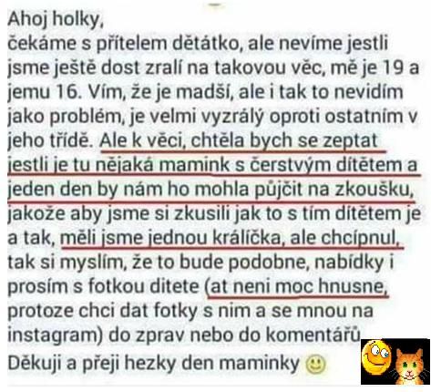 Textový príspevok s neštandardnou žiadosťou o požičanie dieťaťa na skúšku.