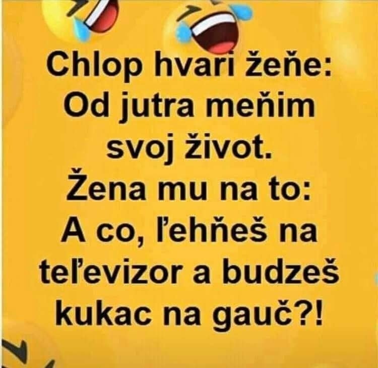 Muž sľubuje zmenu života, žena skepticky reaguje. Humorná výmena názorov na oranžovom pozadí so smejúcimi sa emotikonmi.