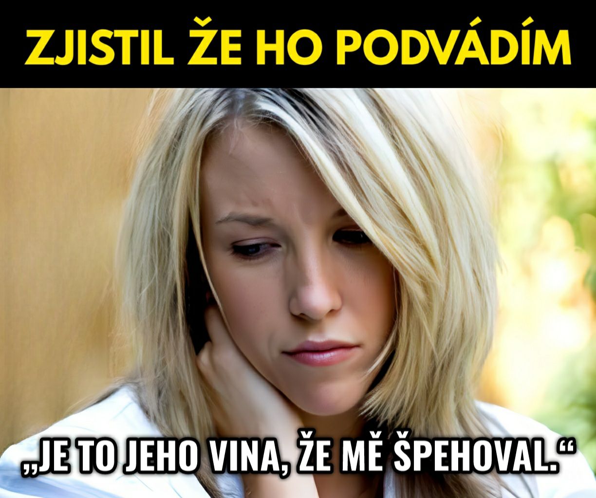 Žena s vážnym výrazom tváre, zamyslená a ustarostená, s kontroverzným textom o nevere v pozadí.