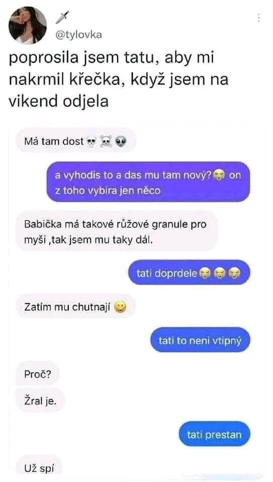 Vtipná konverzácia otca s dcérou o kŕmení škrečka granulkami pre myši.