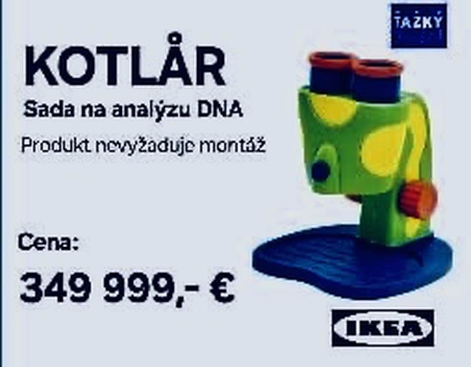 Návrh hračky mikroskopu s cenou 349 999 €, označený ako KOTLÅR pre analýzu DNA, s logom IKEA.