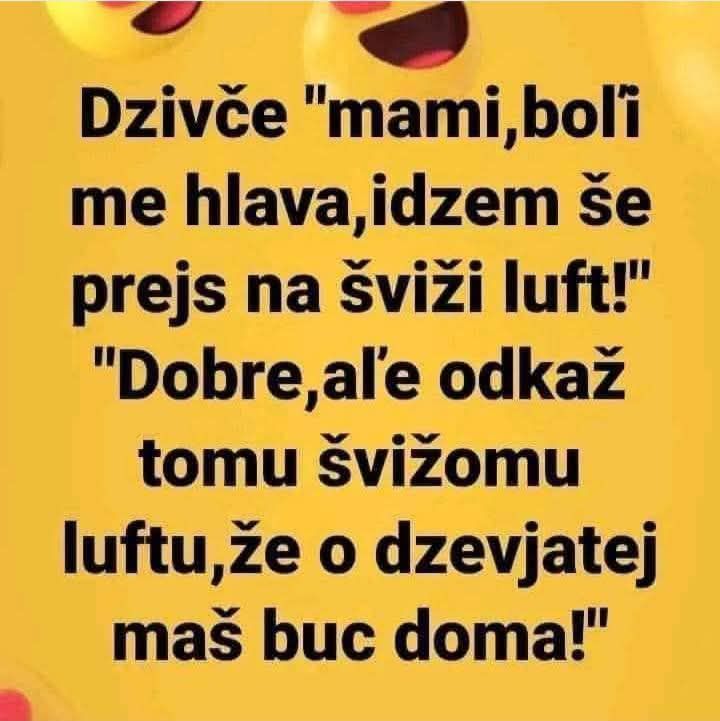 Vtipný dialóg dcéry s matkou o prechádzke na čerstvom vzduchu so smajlíkmi na žltom pozadí.