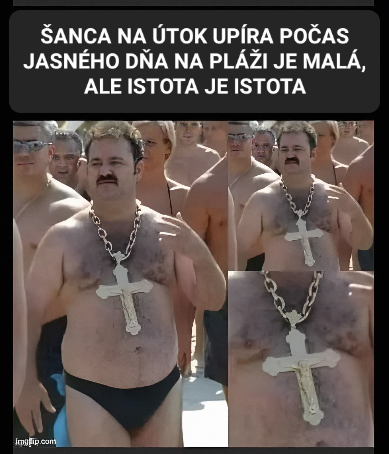 Muž na pláži s veľkým krížom na reťazi, zábavná scéna s vtipným textom o upíroch a istote.