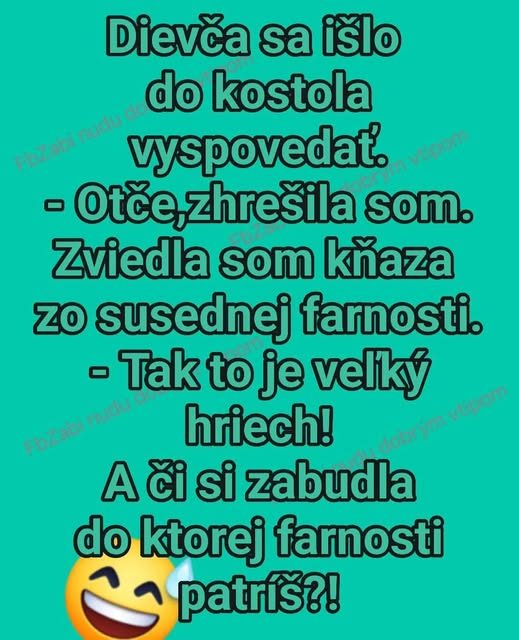 Dievča v kostole žartuje o spovedi so susednou farnosťou, s vtipným smajlíkom na modrom pozadí.