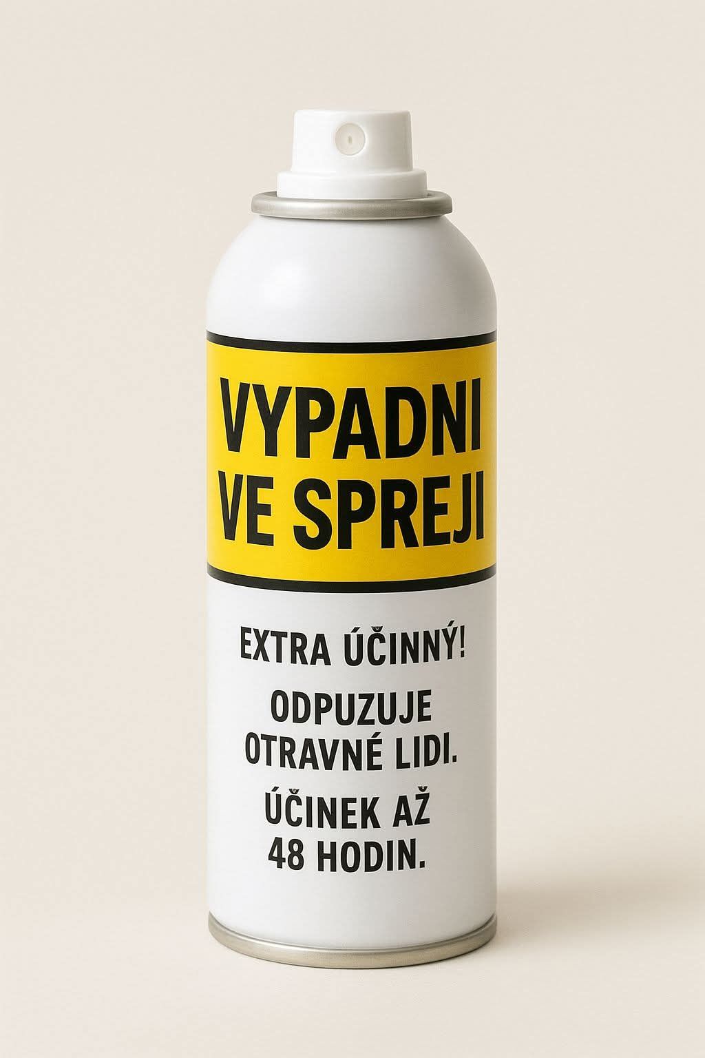 Sprej s nápisom Vypadni na žltom štítku, sľubuje odháňanie otravných ľudí až na 48 hodín.