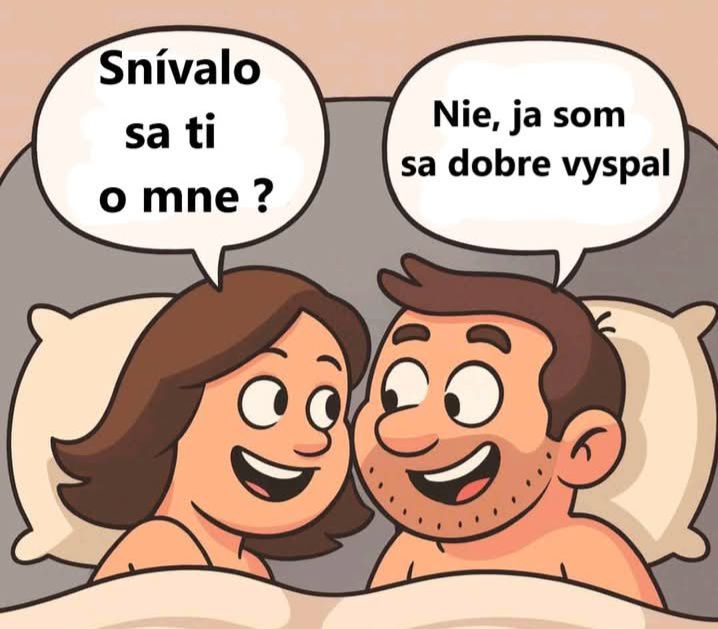 Karikatúra páru v posteli s humorným rozhovorom o snoch a dobrom spánku.