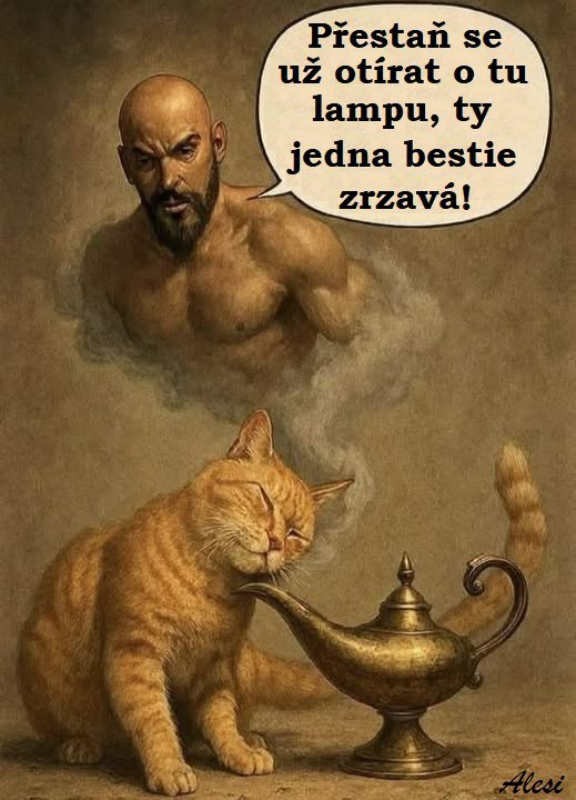 Kocúr sa obtiera o Aladinovu lampu, džin sa objavuje a vyjadruje zrejmé znechutenie.