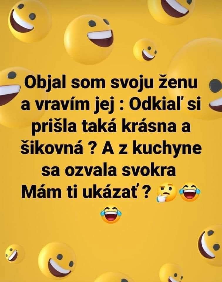 Kreatívny vtip o rodine: otázka manžela, odpoveď svokry; žlté pozadie s usmievavými emotikonmi.
